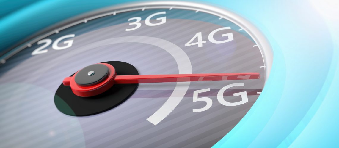 5G High speed network connection. Reaching 5g, speedometer closeup view. 3d illustration