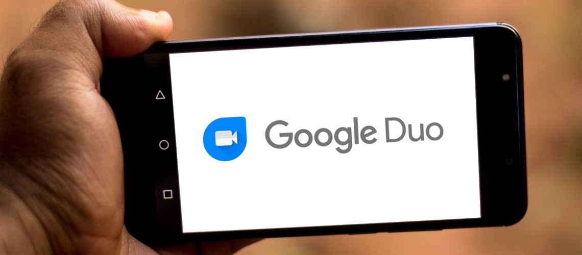 June 26, 2019, Brazil. In this photo illustration the Google Duo logo is displayed on a smartphone.