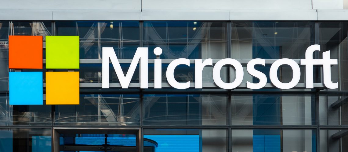 NEW YORK CITY - MAY 2015: Microsoft sign on a building in NYC. Microsoft Corporation is an American multinational technology company.